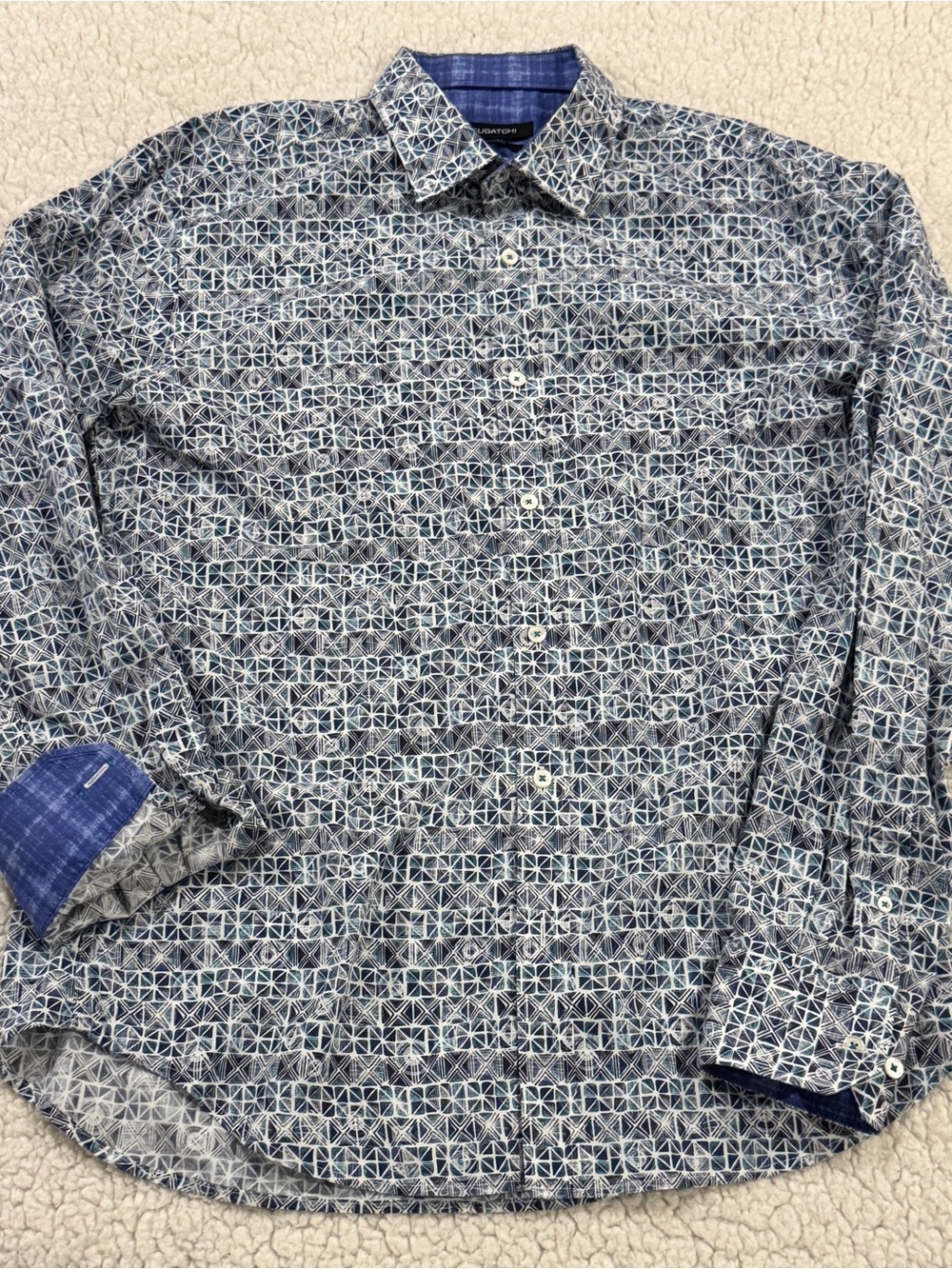 Bugatchi Navy and White Geometric Button-Down Shirt